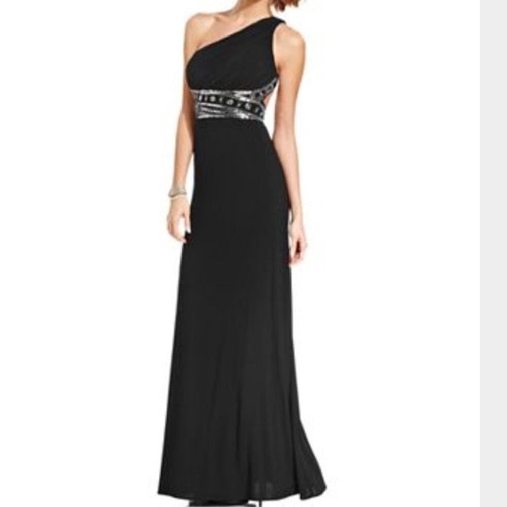 Hailey Logan Adrianna Papell Beaded One Shoulder Open Back Maxi Dress Siz XS NWT